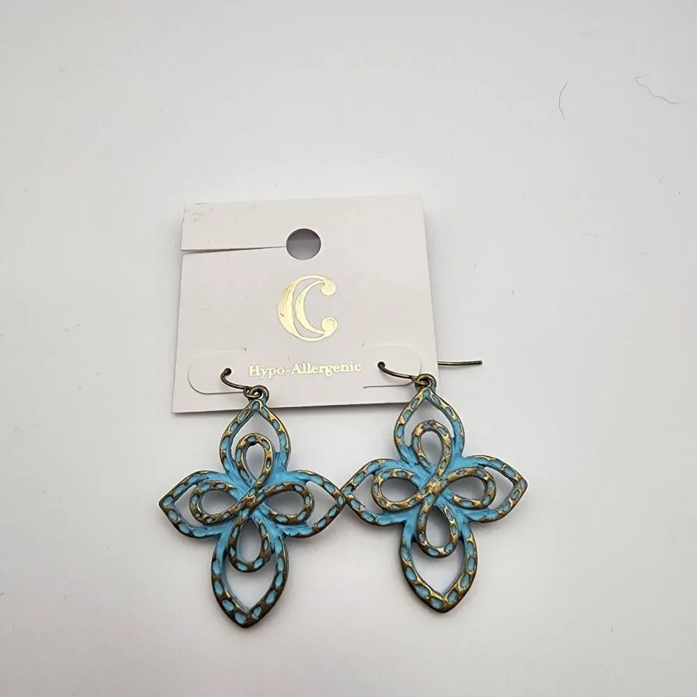 NWT Charming Charlie Blue & Gold Tone Dangling Cross Earrings